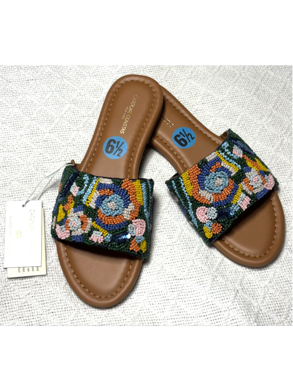 Caroline Constas Hand Beaded Slide Sandals NWT Size 6.5 Flat Boho Mosaic Slip On